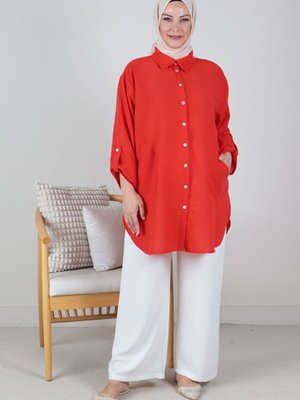 Mercan Büyük Beden Keten Görünümlü Oversize Tunik