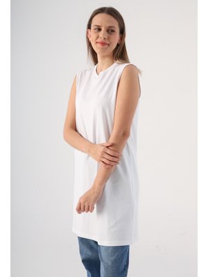 Beyaz Pamuklu Yaka Biyeli Kolsuz Tunik