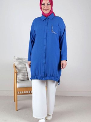 Saks Büyük Beden Taş İşlemeli Keten Aerobin Tunik