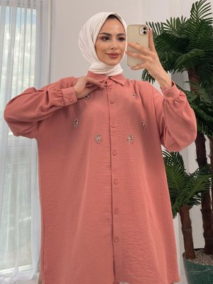 Pudra Palu Taş İşlemeli Dokuma Gömlek