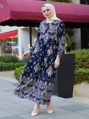 Lacivert Desenli Elbise
