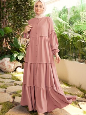 Pudra Boydan Düğmeli Elbise