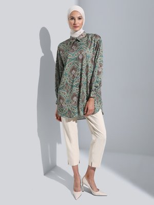 Yeşil Kahve Şal Desenli Oversize Saten Tunik