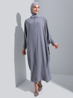Koyu Gri Brit Detaylı Abaya Ferace