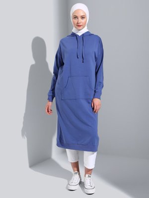 Açık Lacivert Kanguru Cepli Kapüşonlu Uzun Sweatshirt Açık Lacivert Kanguru Cepli Kapüşonlu Uzun Sweatshirt