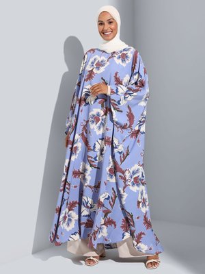 Mavi Ekru Çiçek Desenli Saten Abaya Ferace