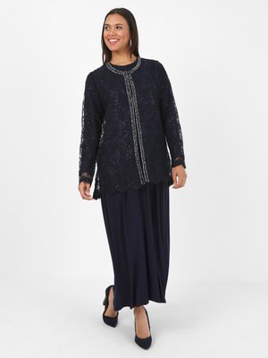 Lacivert Taş İşlemeli Dantel Büyük Beden Abiye Elbise İkili Takım