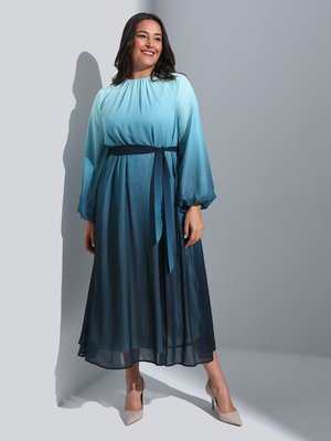 Mavi Degrade Desenli Şifon Büyük Beden Abiye Elbise Lacivert