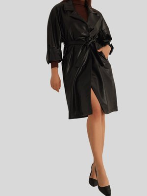 Siyah Kruvaze Yaka Kuşaklı Kol Katlamalı Deri Trençkot Siyah Kruvaze Yaka Kuşaklı Kol Katlamalı Deri Trençkot