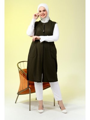 Haki Kadin Buyuk Beden Petek Kumaş Cepli Fermuarlı Düğmeli Yelek