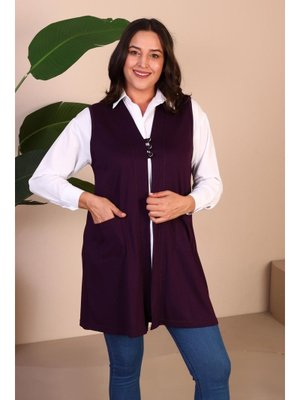 Mürdüm Kadin Buyuk Beden Tesettur Düğmeli Ve Cepli Esnek Yelek