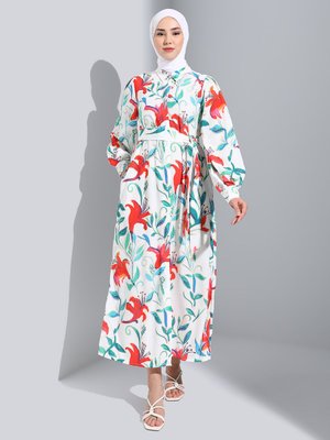 Mercan Çiçek Desen Desenli Kuşaklı Elbise Mercan Çiçek Desen Desenli Kuşaklı Elbise