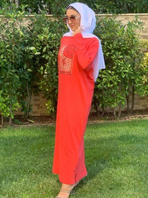 Kırmızı Sim Leopar Baskılı T Shirt Elbise