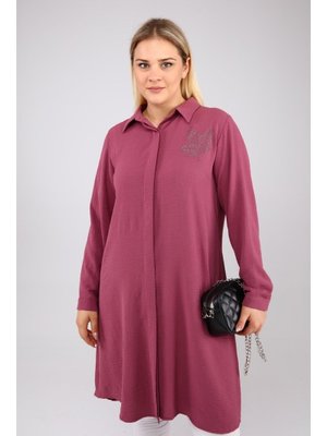 Gül Kurusu Büyük Beden Yaprak Baskılı Gömlek Tunik