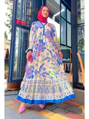 Mavi̇ Alaçatı Desenli Elbise