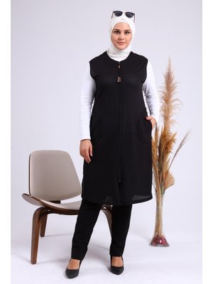 Lacivert Kadin Buyuk Beden Petek Kumaş Cepli Fermuarlı Düğmeli Yelek