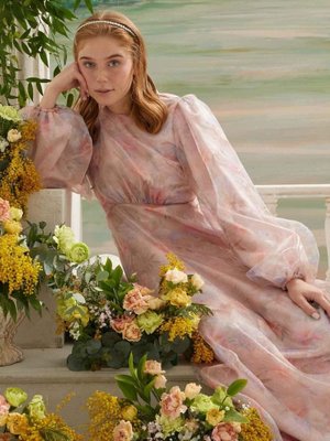 Pudra Desenli Organze Abiye Elbise Pudra Desenli Organze Abiye Elbise