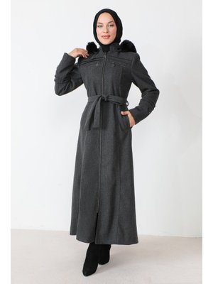 Antrasit Süs Cepli Fermuarlı Tam Boy Kaşe Kaban Antrasit Süs Cepli Fermuarlı Tam Boy Kaşe Kaban
