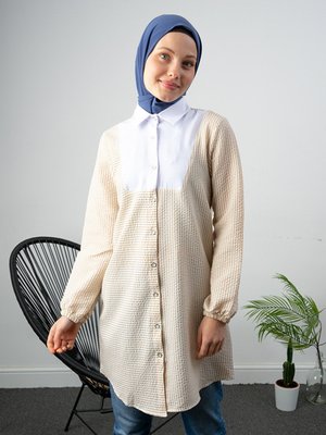 Vizon Yaka Göğüs Garnili Çizgili Gömlek Vizon Yaka Göğüs Garnili Çizgili Gömlek