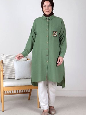 Çağla Büyük Beden Ahşap Detaylı Tunik