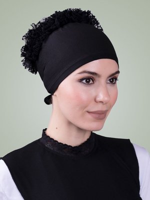 Siyah Beyaz Arkadan Bağlamalı Viskon Kumaş Fırfır Bone