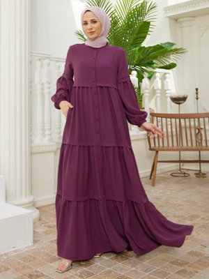 Koyu Gül Boydan Düğmeli Elbise