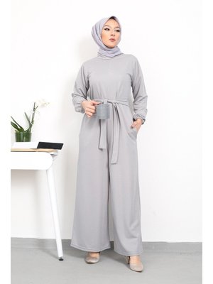 Gri Fulya Kolları Lastikli Kemerli Tulum