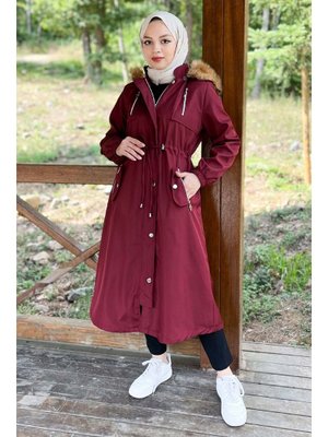 Bordo Kapüşonlu Fermuarlı Mont