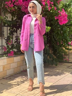 Lila Tensel Gabardin Taşlı Gömlek