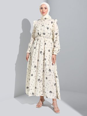 Açık Taş Fırfır Detaylı Çiçek Desenli Elbise