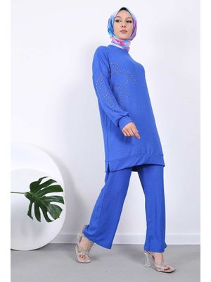 Saks Mavi Boncuk Taş İşlemeli Tunik Pantolon Takım Saks Mavi Boncuk Taş İşlemeli Tunik Pantolon Takım