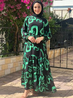 Siyah/yeşil Zambak Şifon Elbise