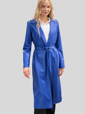 Saks Mavi Beli Kuşaklı Astarlı Uzun Deri Trençkot