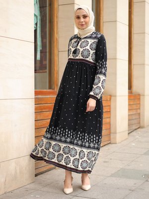 Siyah Sulu Desenli Elbise
