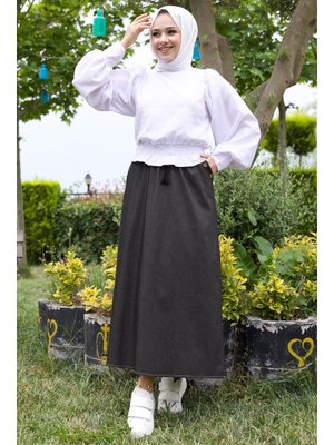 Antrasit Beli Lastikli Cepleri Düğmeli Kot Etek