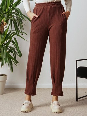 Kahverengi Kumaş Beli Lastikli Cepli Pantolon