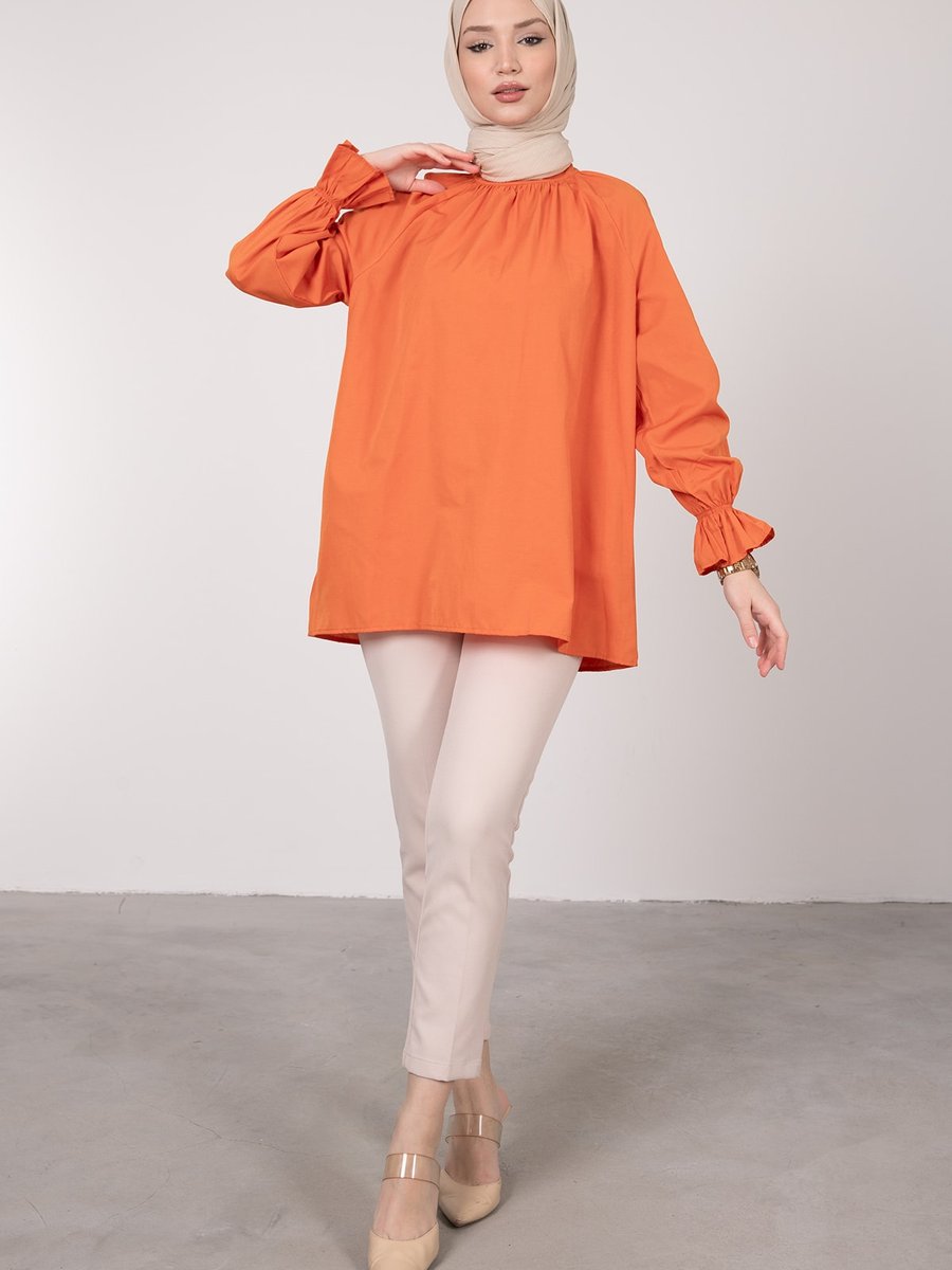 Lamia Giyim Oversize Kesim Manşet Detaylı Tunik Turuncu