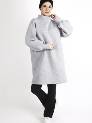 Gri Tunik Şardonlu Uzun Sweat Dikyaka T Sweatshirt