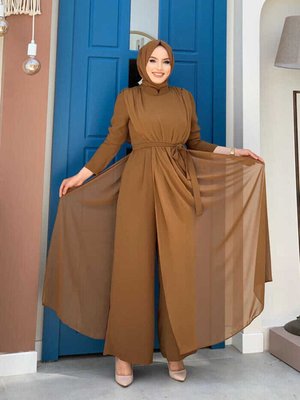 Şifon Pelerin Detay Bel Kuşaklı Tulum Taba