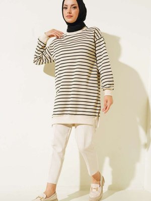 İki İplikli Tesettür Tunik Çizgili Sweatshirt