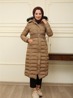 Kol Lastkli Kapişonlu Uzun Şişme Mont