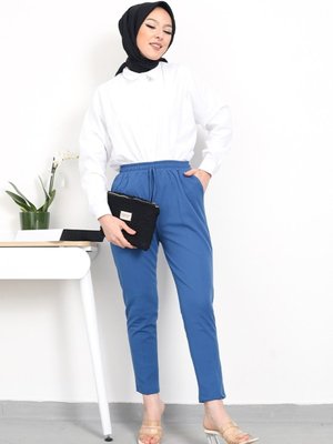 Beli Lastikli Bağcık Detay Kumaş Pantolon İndigo