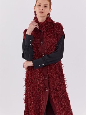 Önü Saçaklı Arkası Triko Bordo Yelek