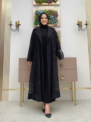 Yakalı Dantel Güpür Detay Abaya Siyah