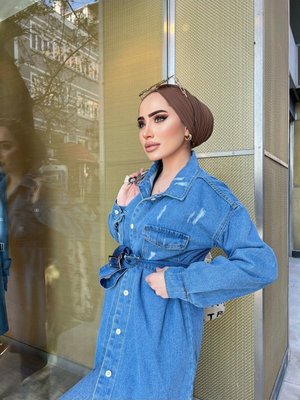 Yıpratmalı Kemerli Kot Ceket Yıpratmalı Kemerli Kot Ceket
