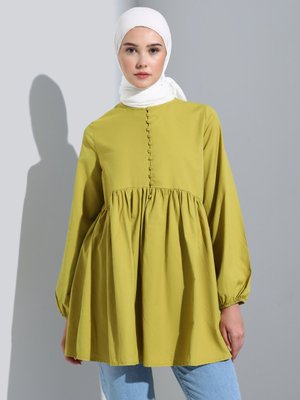 Yağ Yeşili Refka Casual Brit Düğme Detaylı Robadan Genişleyen Tunik Yağ Yeşili Refka Casual Brit Düğme Detaylı Robadan Genişleyen Tunik