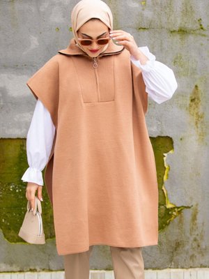 Triko Panço Fermuar Yakalı Taba