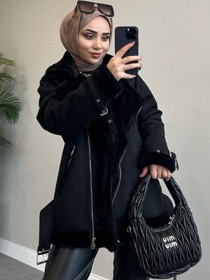 Kemerli Nubuk Ceket Siyah