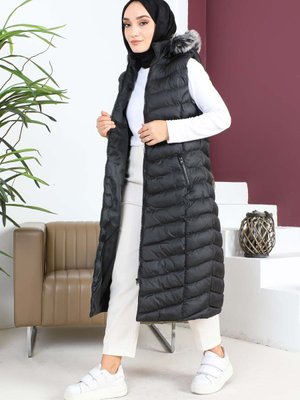 Siyah Kapüşonlu Fermuarlı Şişme Yelek Siyah Kapüşonlu Fermuarlı Şişme Yelek