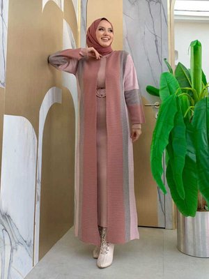 Kalın Şerit Desenli Renkli Triko Hırka Pudra